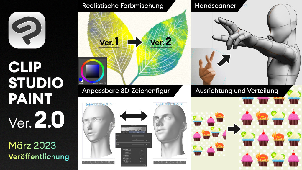 CLIP STUDIO PAINT Version 2.0 wird im März 2023 veröffentlicht　- Vollgepackt mit neuen Funktionen, darunter realistisches Farbenmischen mit dem Pinsel,  eine 3D-Funktion zum effizienteren Zeichnen von Gesichtern und Händen und vieles mehr.