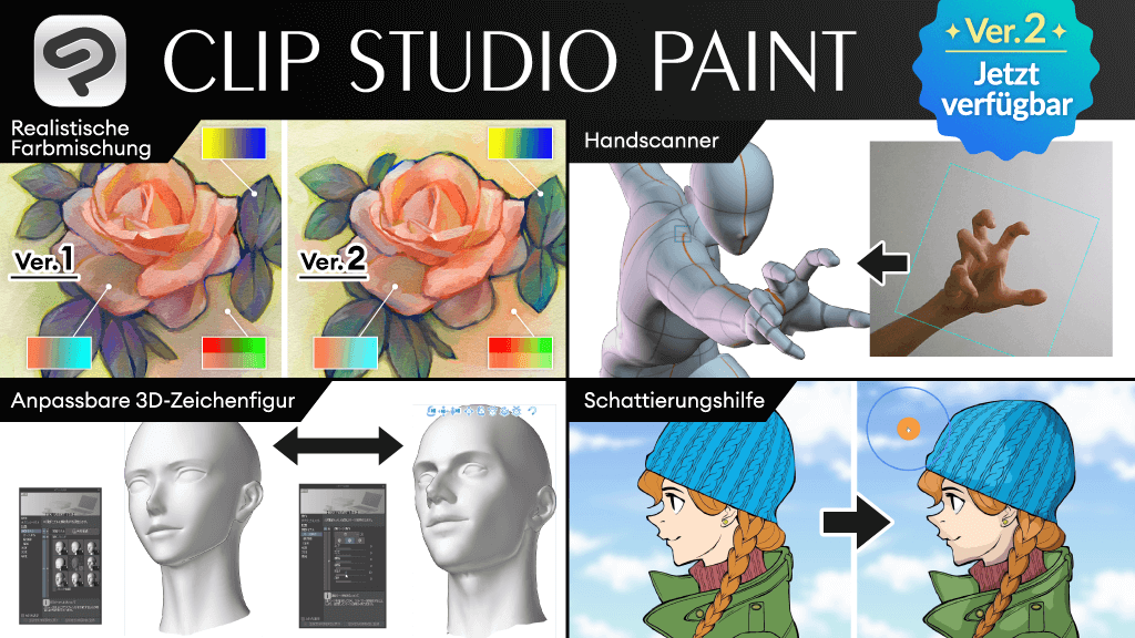 Die lang erwartete Version 2.0 von Clip Studio Paint ist da!  Mit 3D-Kopfmodellen, realistischer Farbmischung und mehr