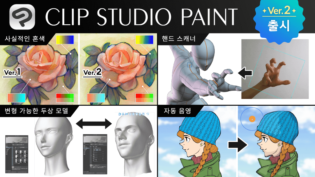 CLIP STUDIO PAINT 버전 2.0 2023년 3월 제공 개시 보다 사실적인 브러시 혼색, 얼굴 및 손을 효율적으로 그릴 수 있는 3D 기능 등 다수의 신기능 탑재